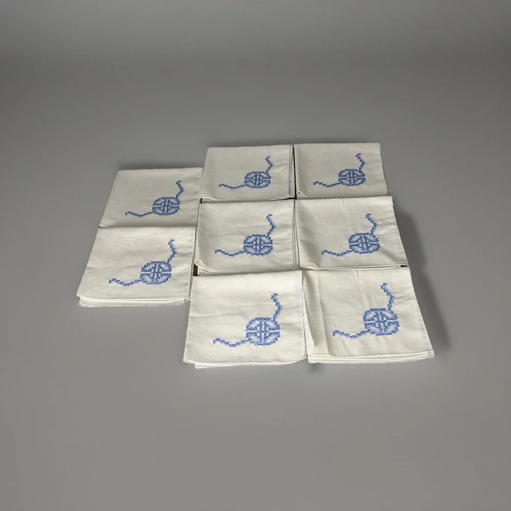 Vintage Hand Embroidered Linen Napkins Set 8 Blue Monogram Cross Stitch USA